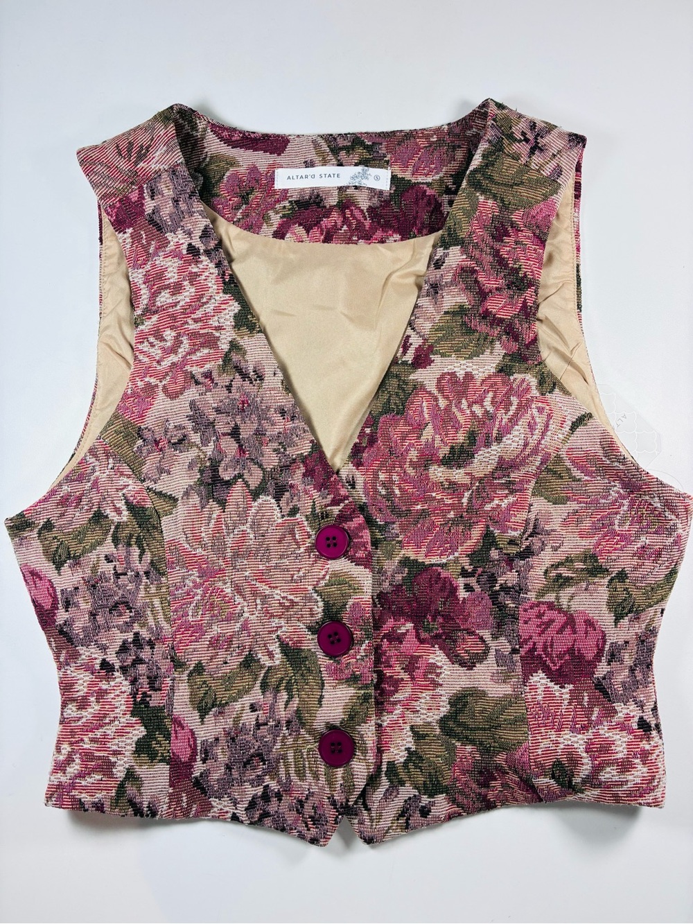 NWT Altar'd State Rose Tapestry Floral Vest in Pink & Green, size S